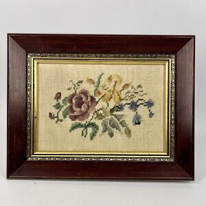 Vintage Framed Needlepointf Floral Bouquet Pink Yellow Roses Blue Flowerrs 13x10